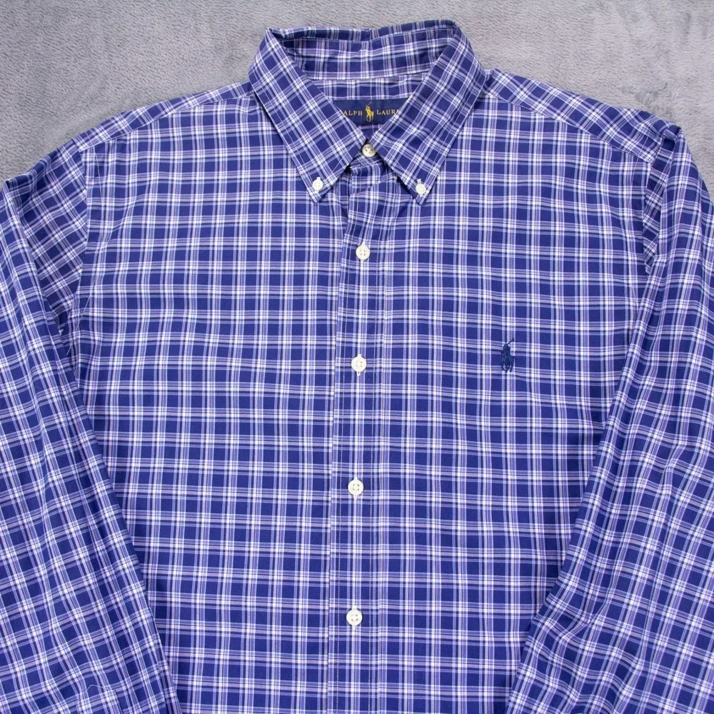 Polo Ralph Lauren Mens Large Blue White Plaid Check‎ LS Button Front Shirt